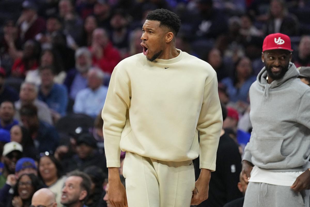 Bucks forward Giannis Antetokounmpo reacts during a game against the 76ers at Xfinity Mobile Arena in Philadelphia on April 12, 2026.