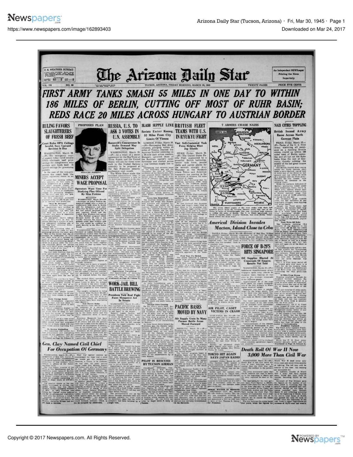 Arizona Daily Star front page March 30, 1945