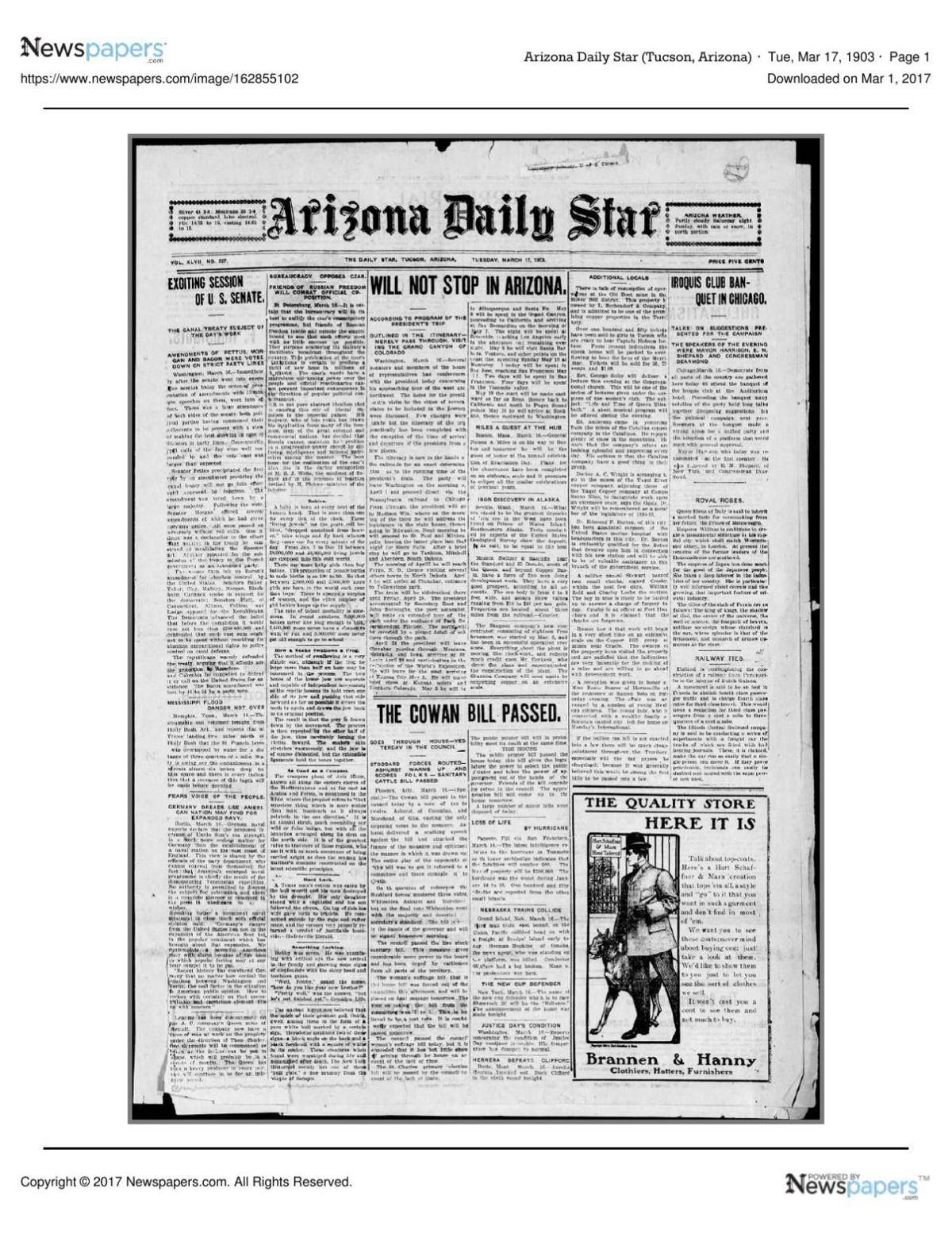 Arizona Daily Star front page March 17, 1903