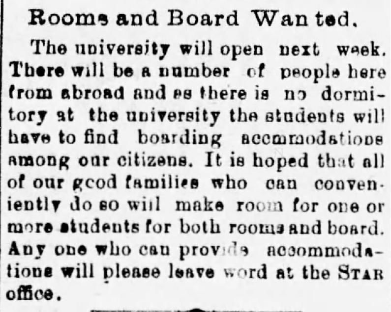 Arizona Daily Star article Sept. 30, 1891, seeking student housing