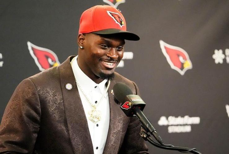 The Arizona Cardinals introduce their first-round draft pick running back Jeremiyah Love during a press conference at the Cardinals Dignity Health training facility on April 24, 2026, in Tempe, Ariz.
