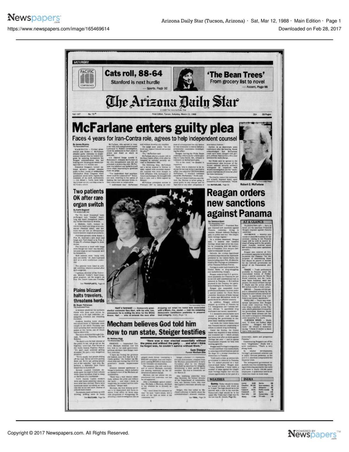 Arizona Daily Star front page March 12, 1988
