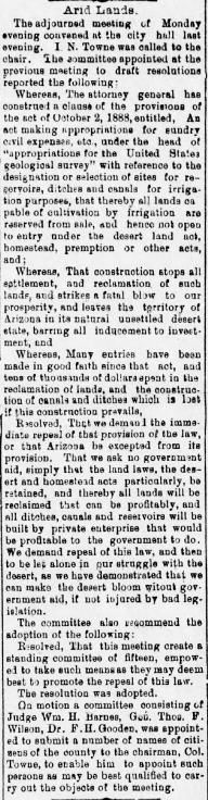 Arizona Daily Star article June 18, 1890, Arid lands