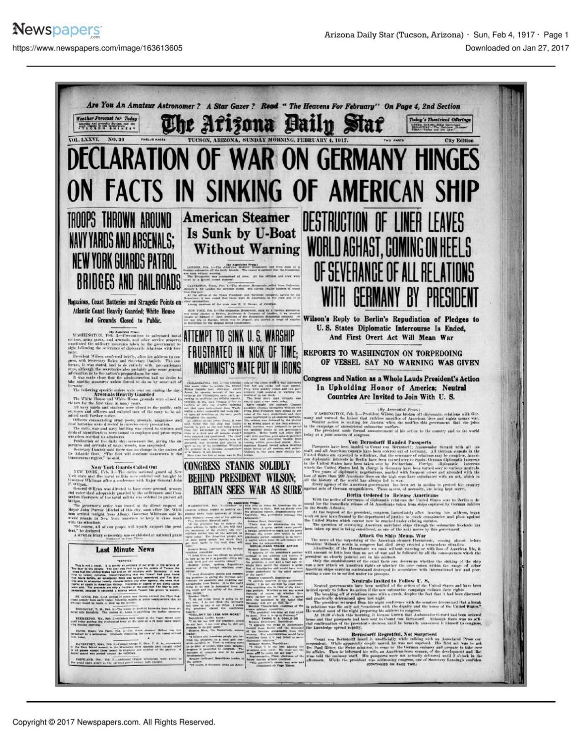 Arizona Daily Star front page Feb. 4, 1917