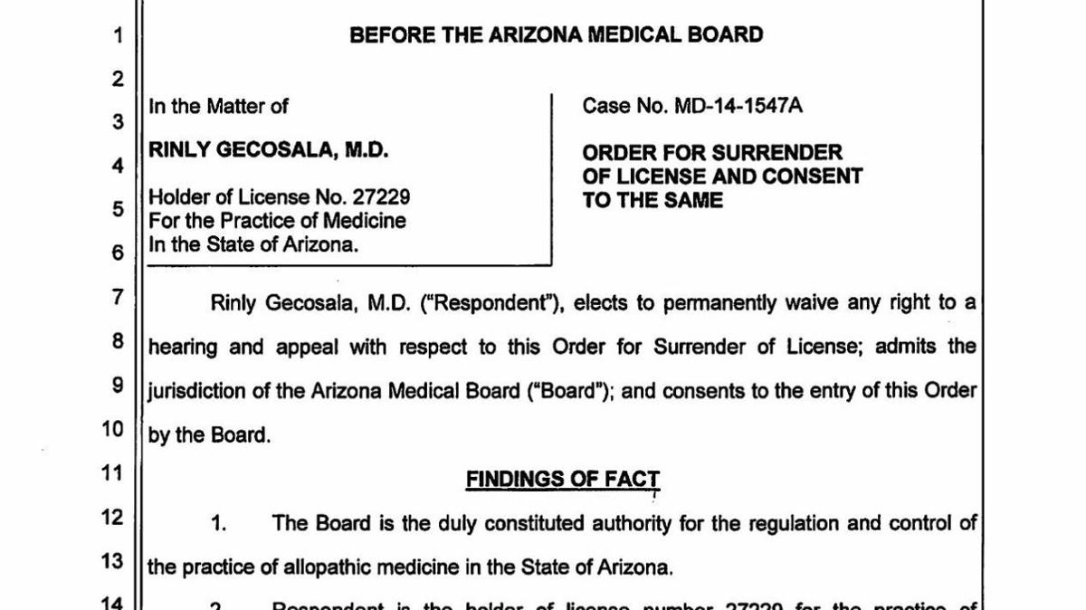 Rinly Gecosala S Arizona Medical Board License Surrender Document