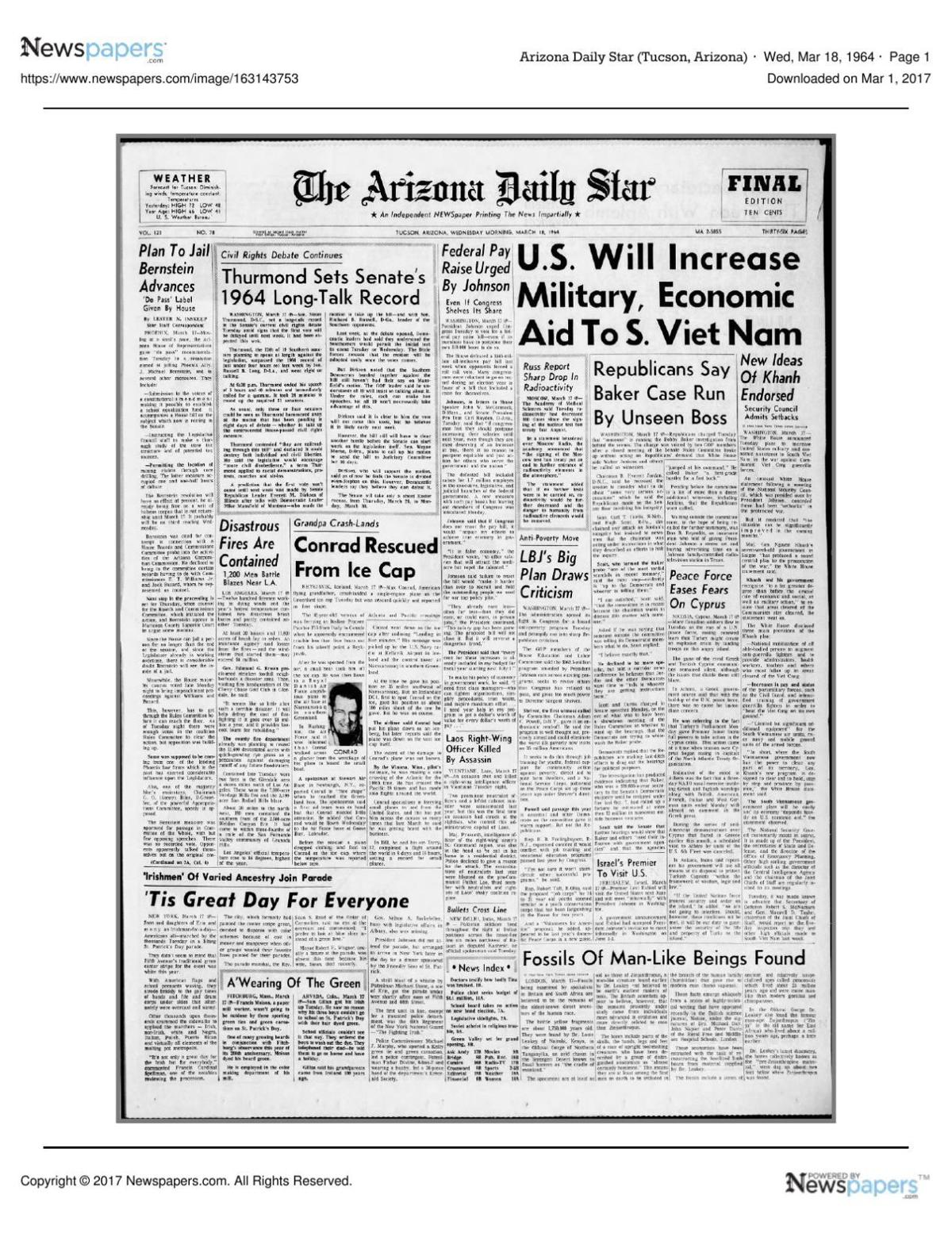 Arizona Daily Star front page March 18, 1964