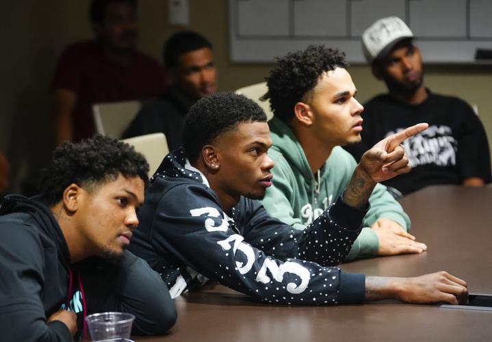 Arizona Diamondbacks minor leaguers Jorge Lara (from left), Alfredo Benzan and Jeury Espinal participate in an English lesson at Salt River Fields at Talking Stick on May 26, 2026.
