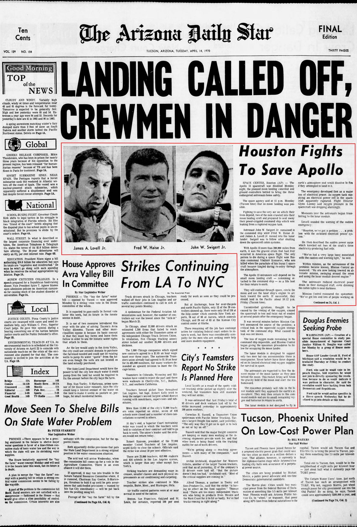 Tuesday, April 4, 1970, front page: Apollo 13 in danger | | tucson.com