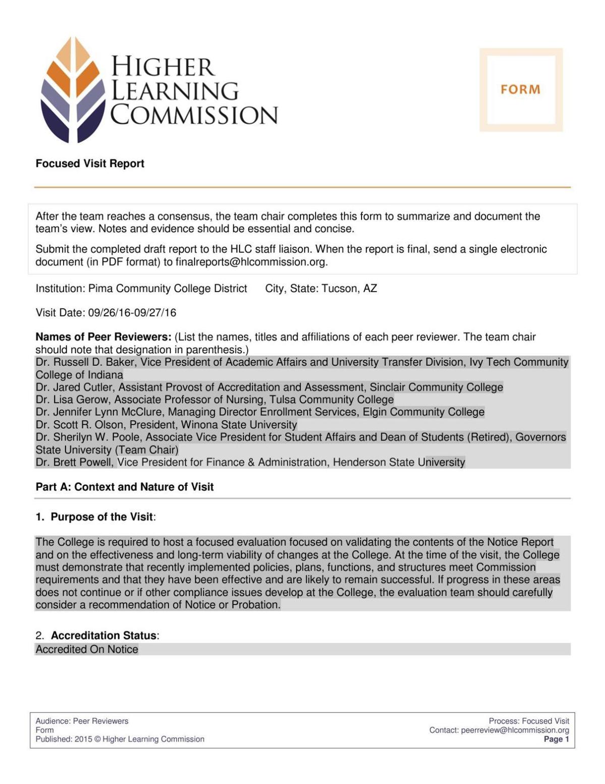 Pima College report card