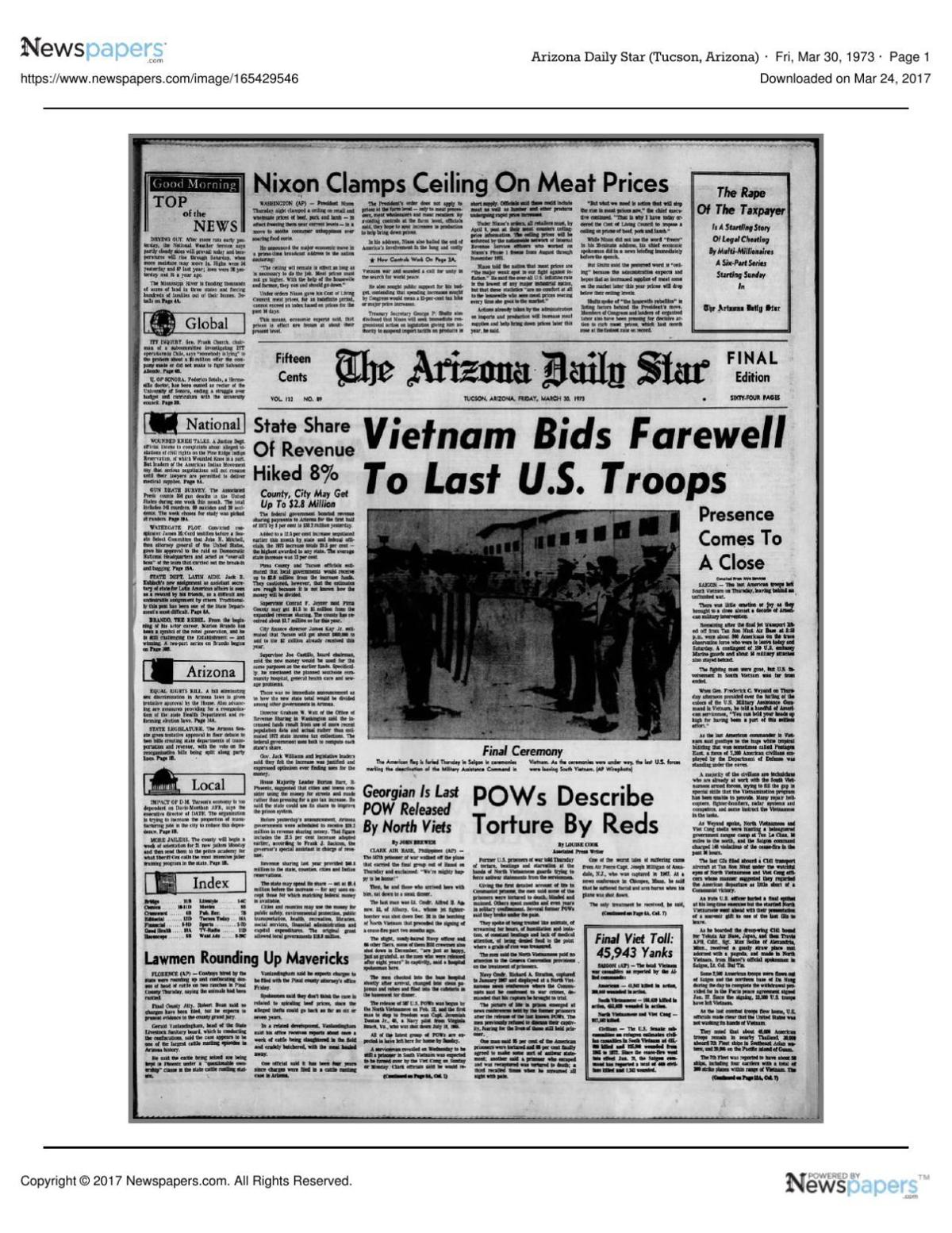 Arizona Daily Star front page March 30, 1973