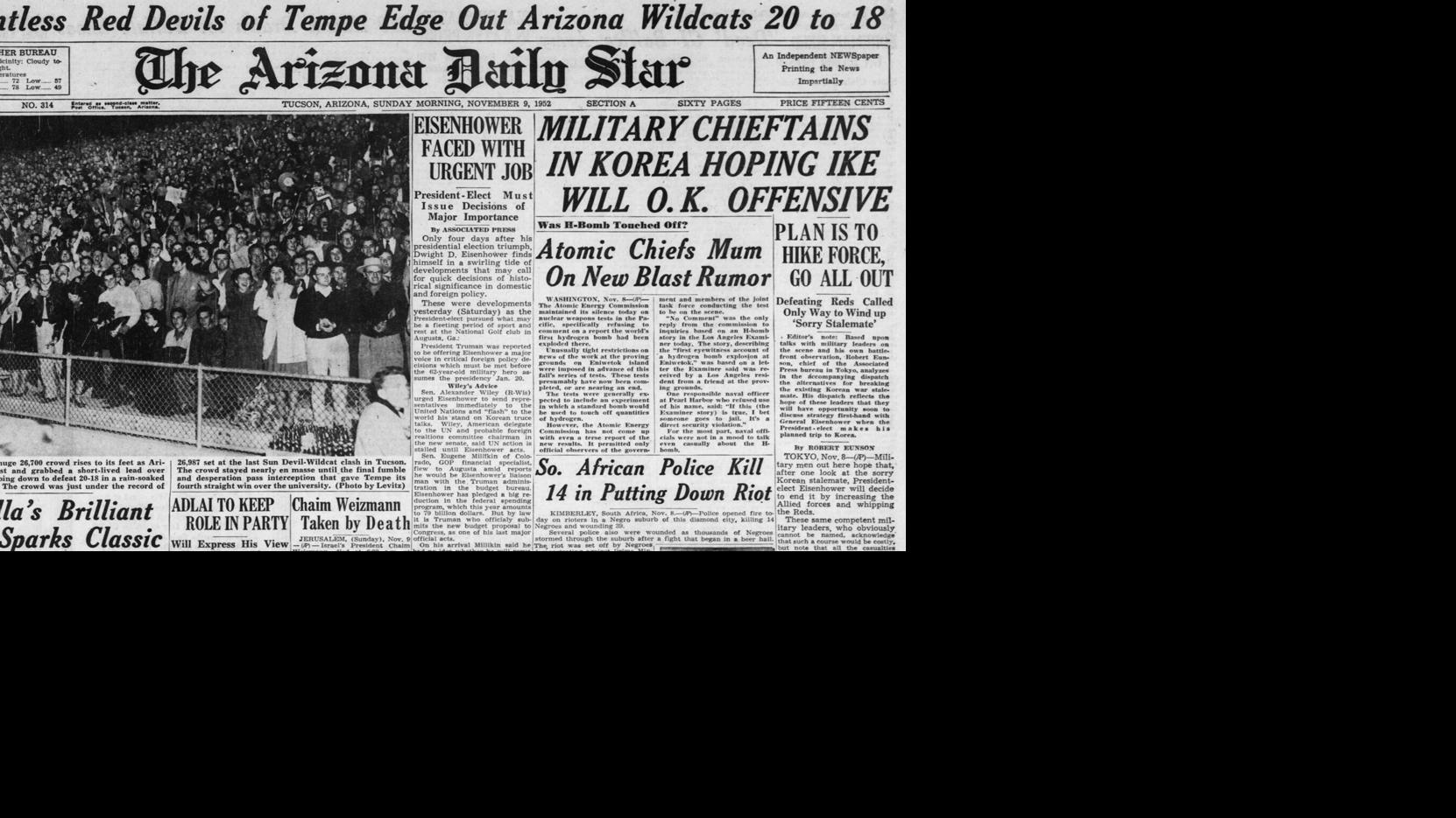 Arizona-ASU Game 26: Arizona rallies but falls to Tempe in wild 1952 battle