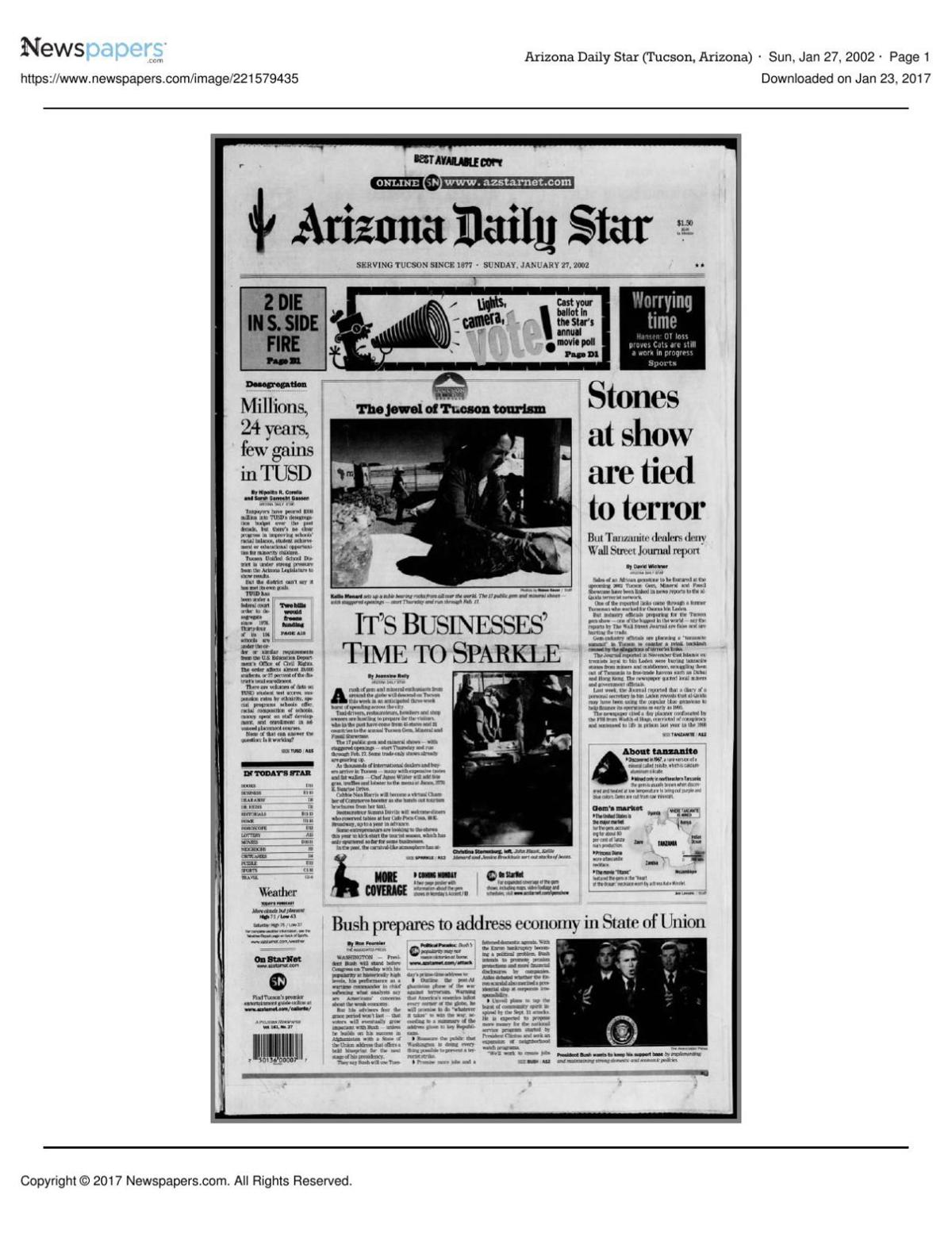 Arizona Daily Star front page Jan. 27, 2002