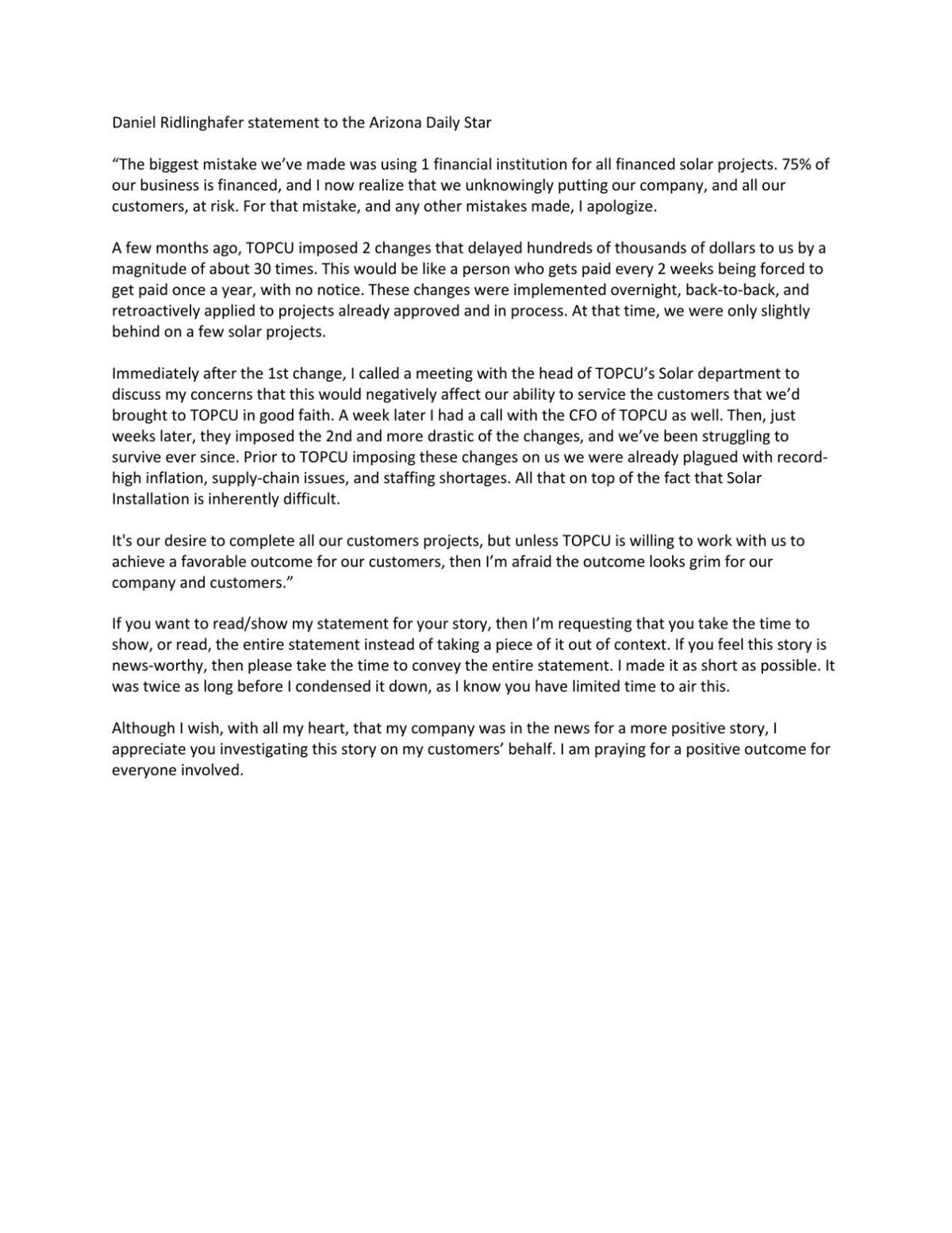 Ridlinghafer statement