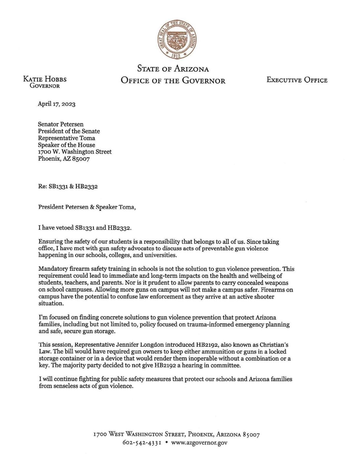 Katie Hobbs veto letter PDF