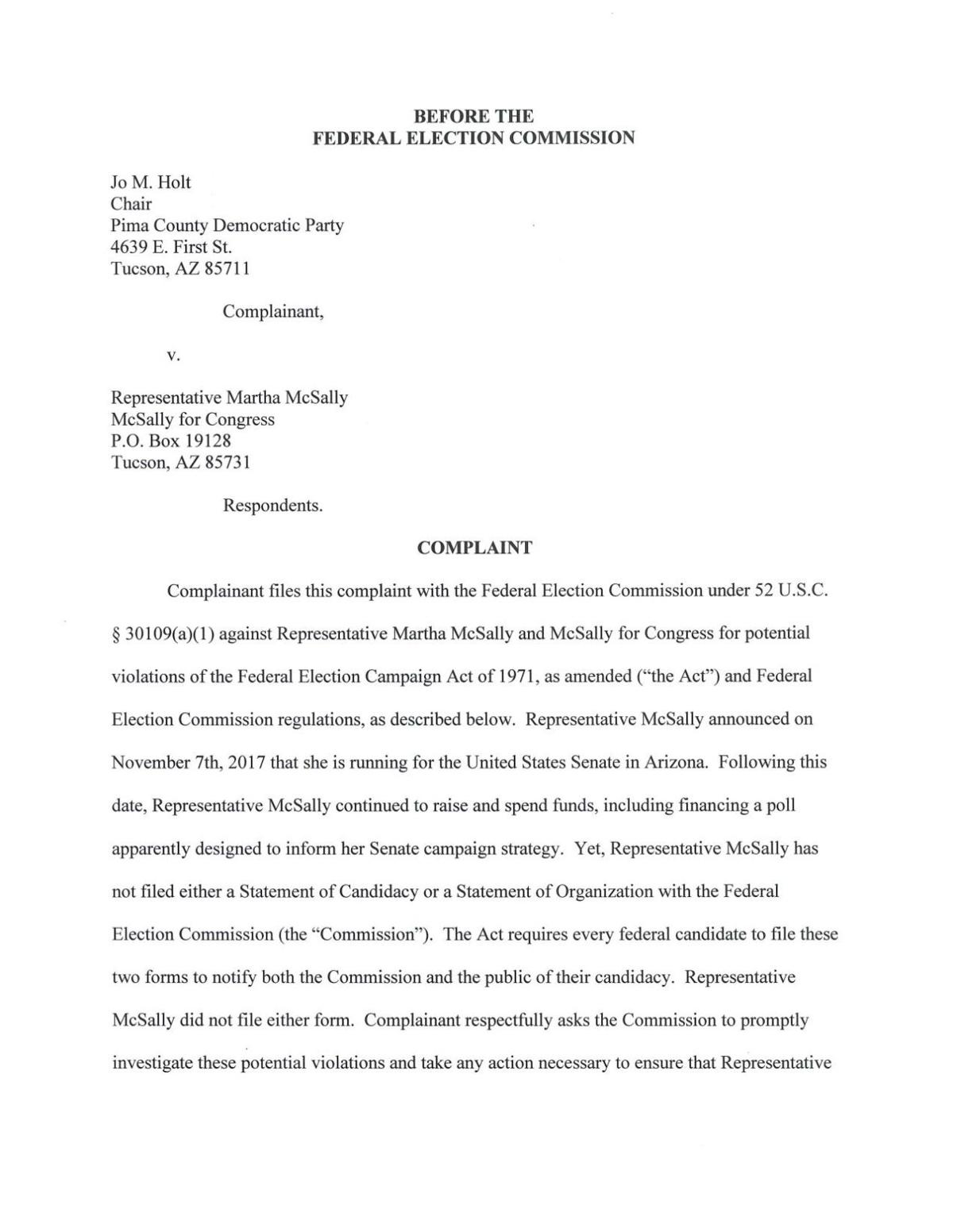 FEC complaint, Pima Democratic Party vs McSally campaign