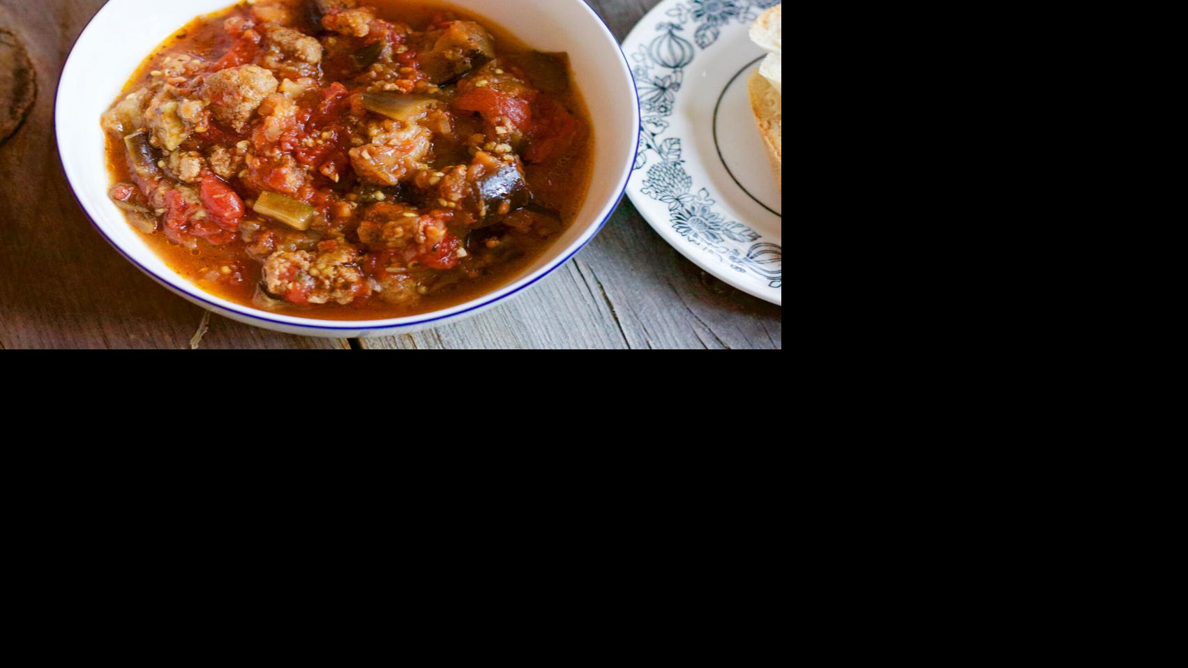 Stew on this Stewed eggplant, plantbased sausage and tomatoes Food