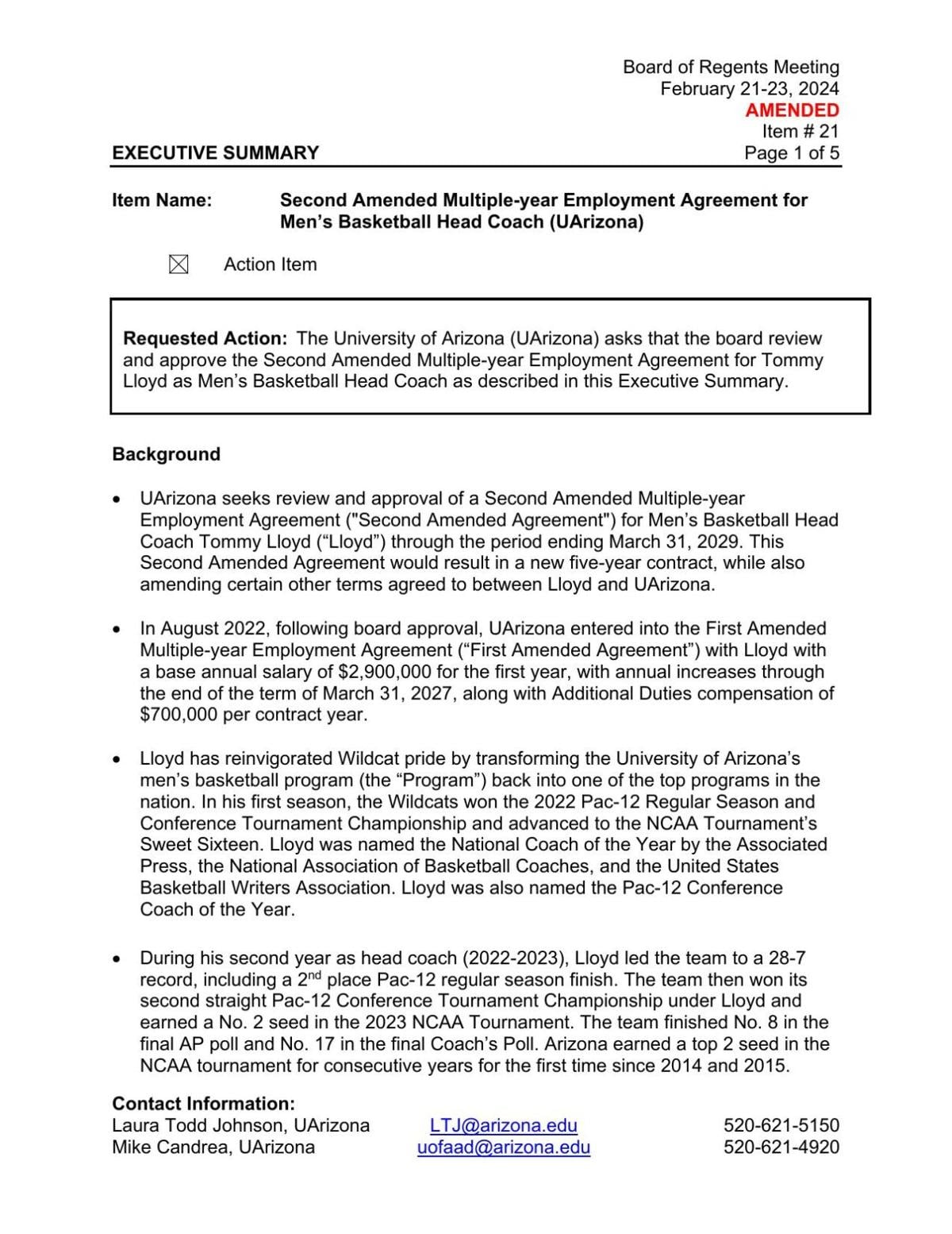 New proposed Tommy Lloyd contract (As of Feb. 20, 2024)