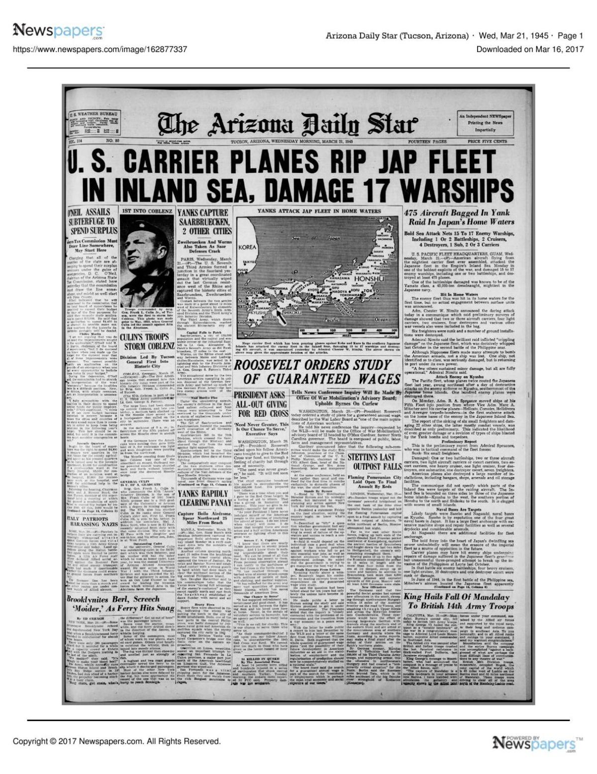 Arizona Daily Star front page March 21, 1945