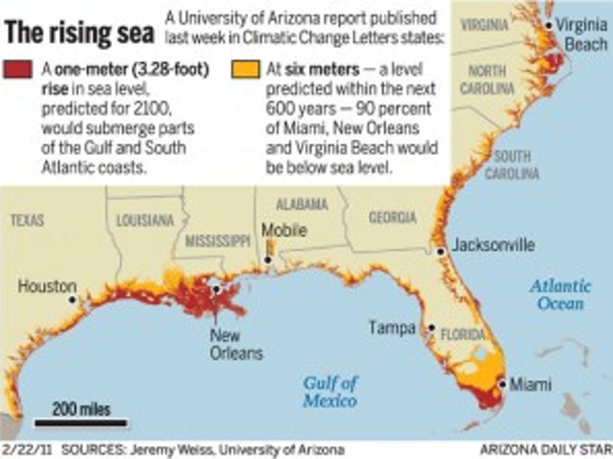 Ua Climate Research Big Stretch Of Us Coast At Risk Of Rising Seas Environment Tucson Com Sea Level Rise Map Florida