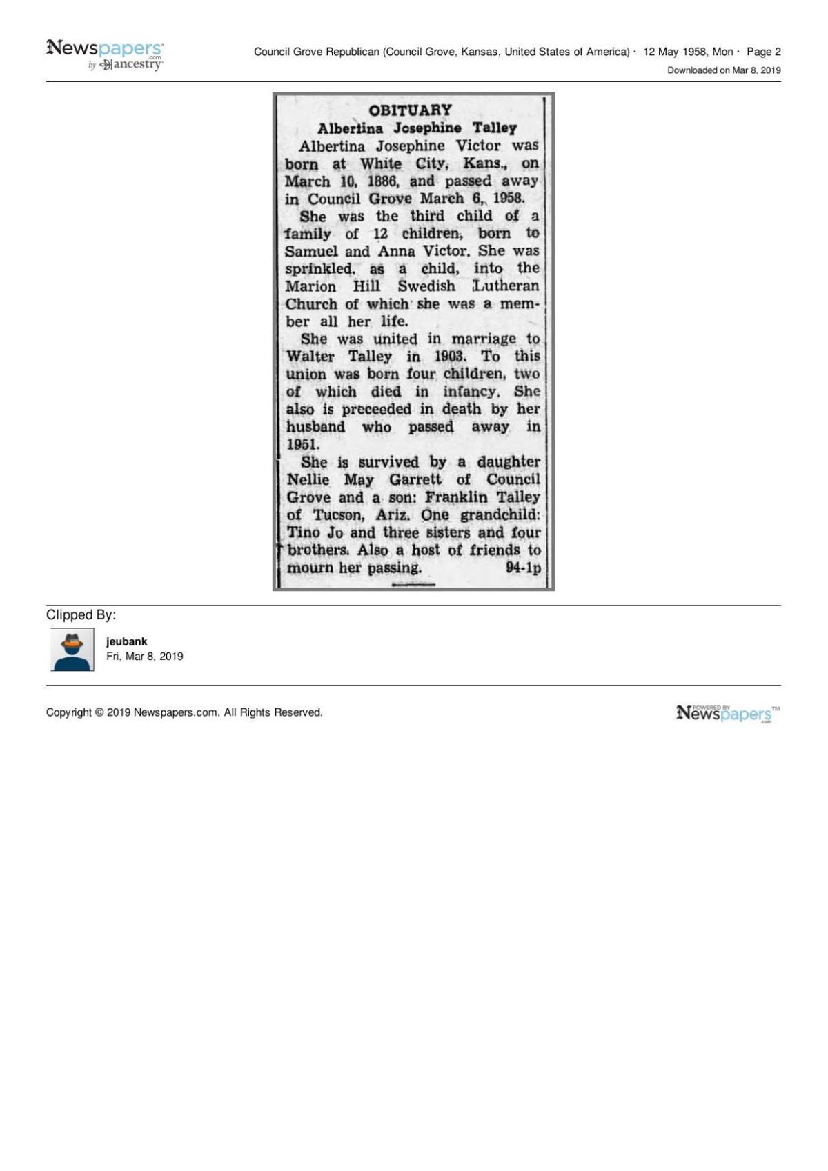 Article in the Council Grove (Kansas) Republican May 12, 1958