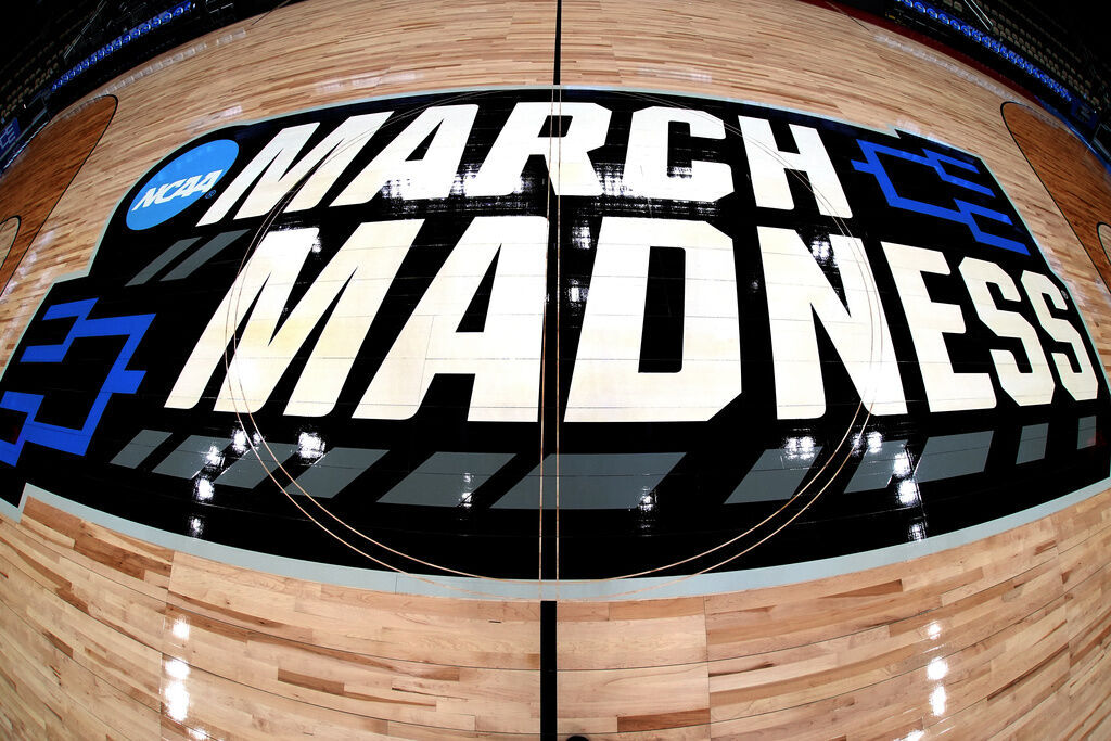 NCAA March Madness logo at center court, Pittsburgh March 20 2024