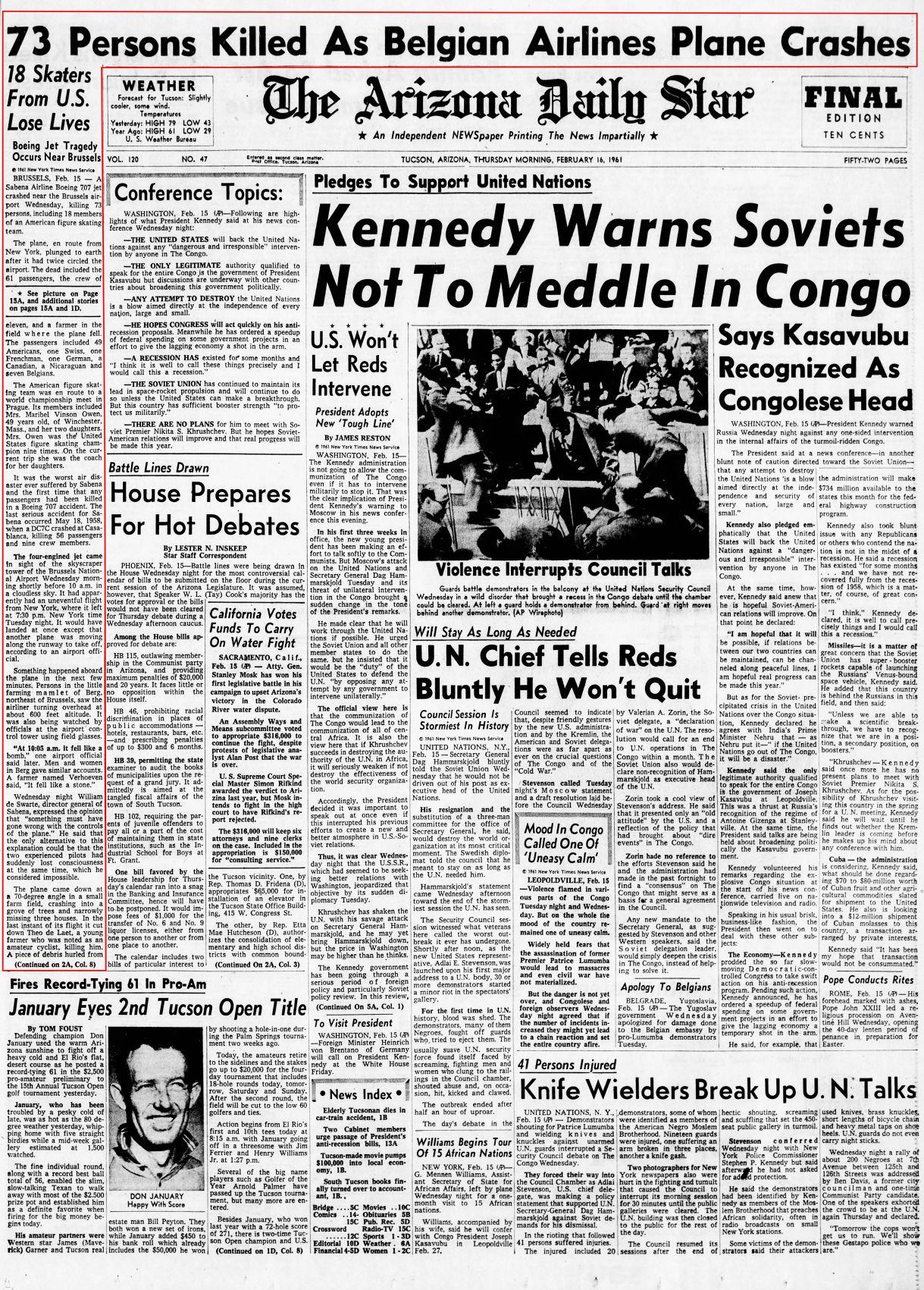 Feb. 16, 1961, front page U.S. Figure skating team killed in plane crash