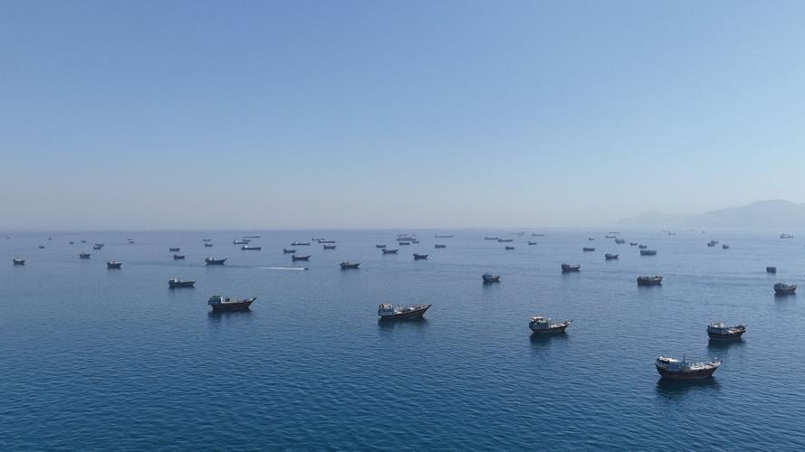 A drone view of vessels anchored in the Strait of Hormuz as seen from Musandam