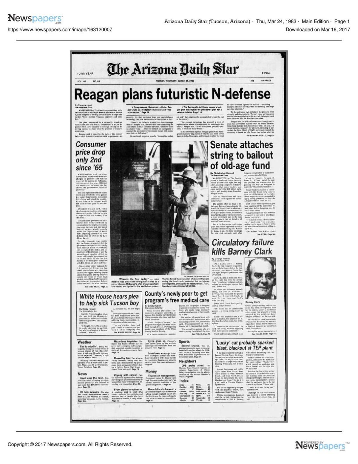 Arizona Daily Star front page March 24, 1983