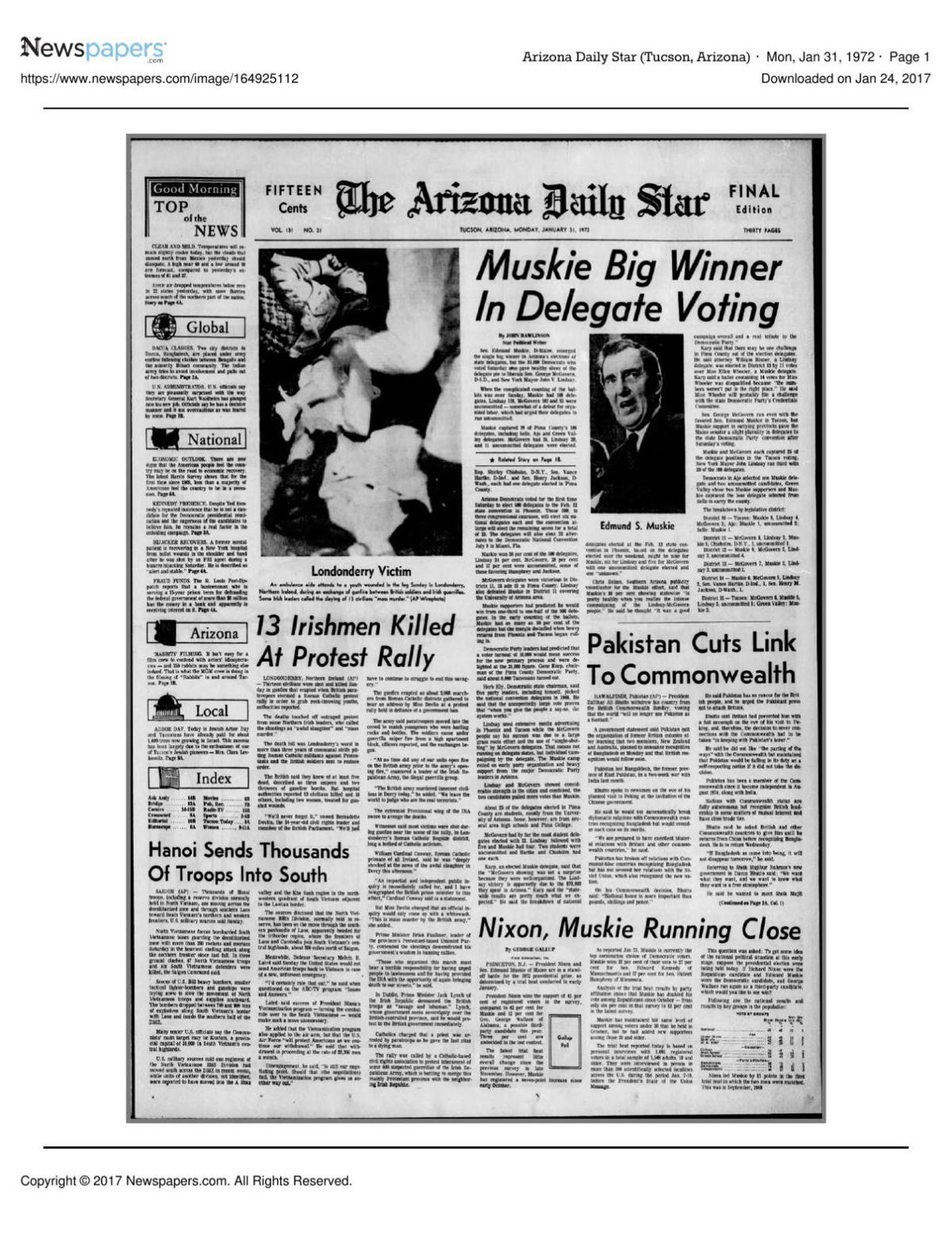 Arizona Daily Star front page Jan. 31, 1972