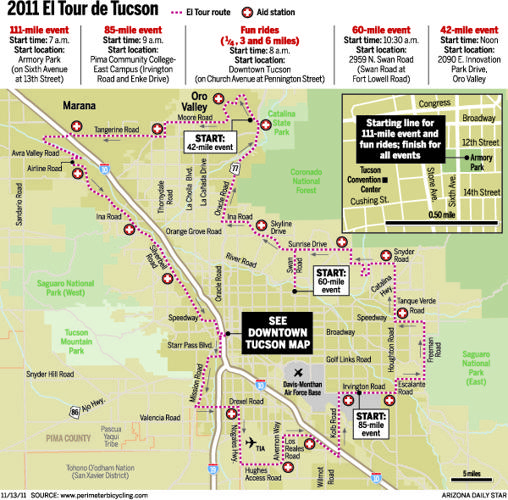 Map: 2011 El Tour de Tucson route