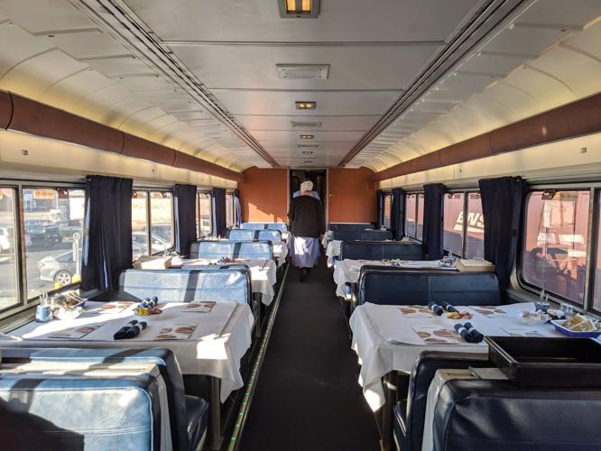 Somewhere in New Mexico, the dining car awaits the lunch crowd. Amtrak eliminated this dining experience on single-night, long-haul routes on the East Coast late last year, replacing it with a less formal, boxed meal.