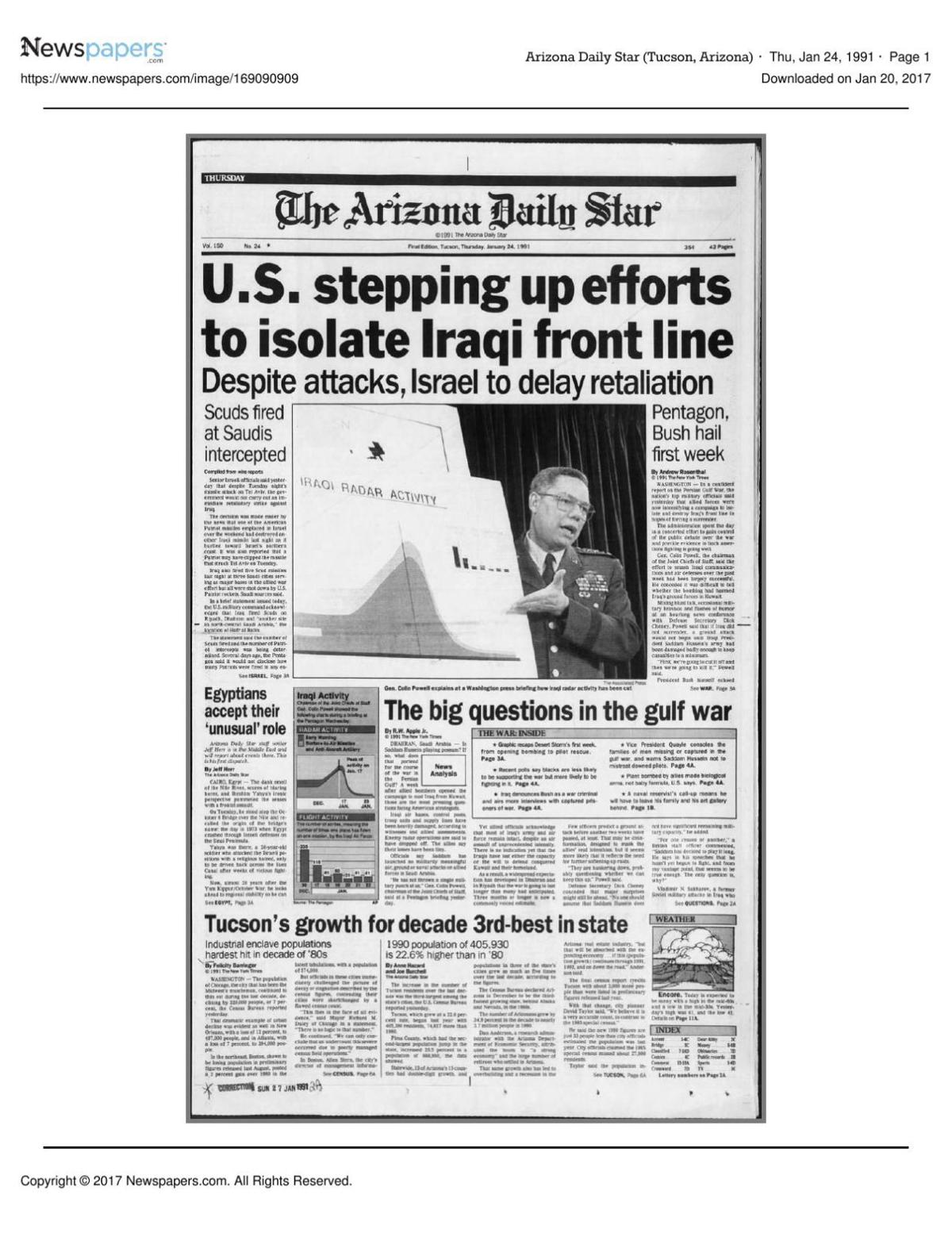 Arizona Daily Star front page Jan. 24, 1991