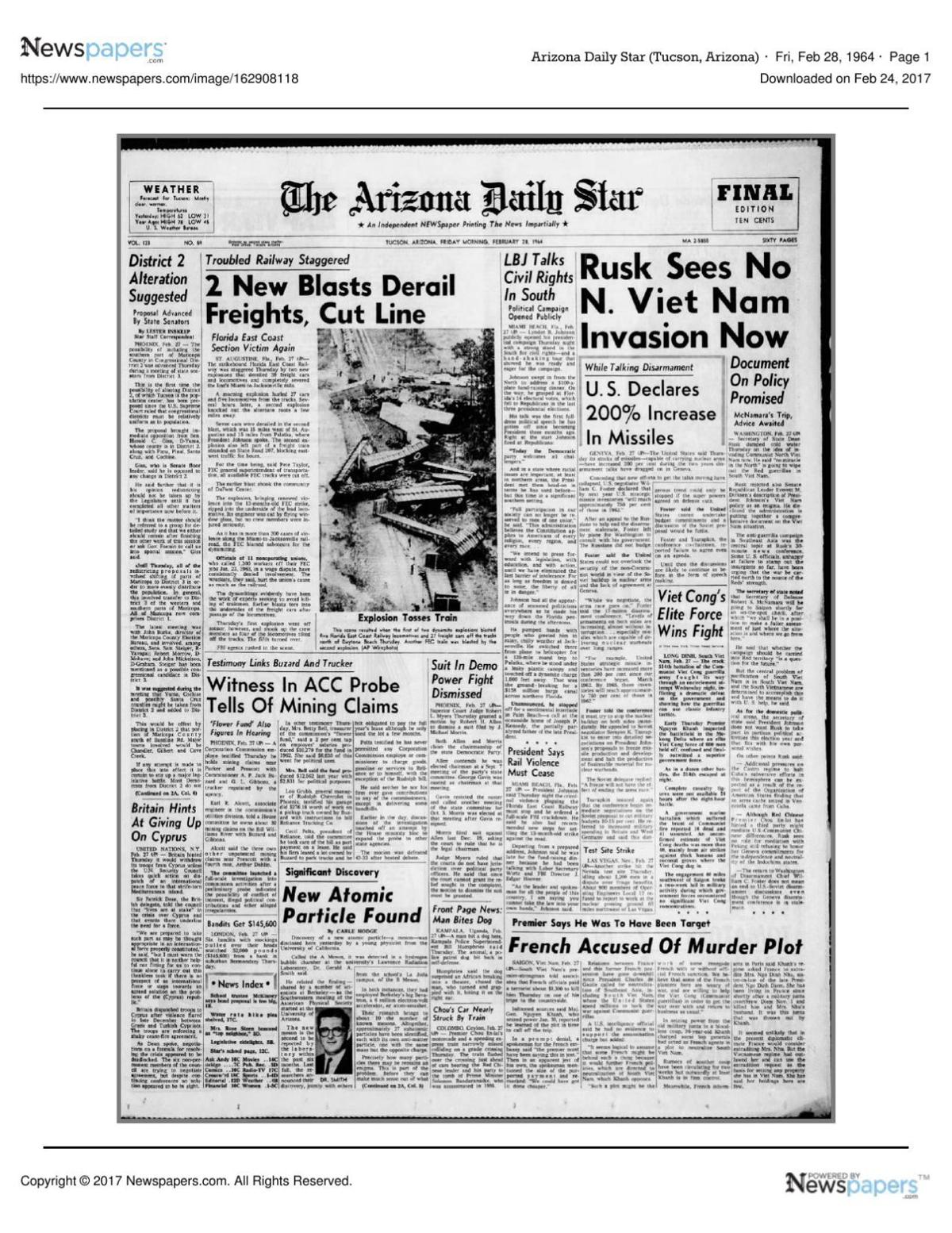 Arizona Daily Star front page Feb. 28, 1964