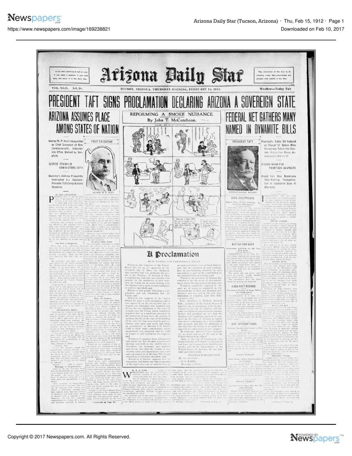 Arizona Daily Star front page Feb. 15, 1912