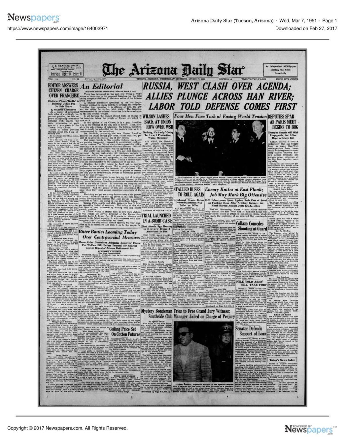 Arizona Daily Star front page March 7, 1951