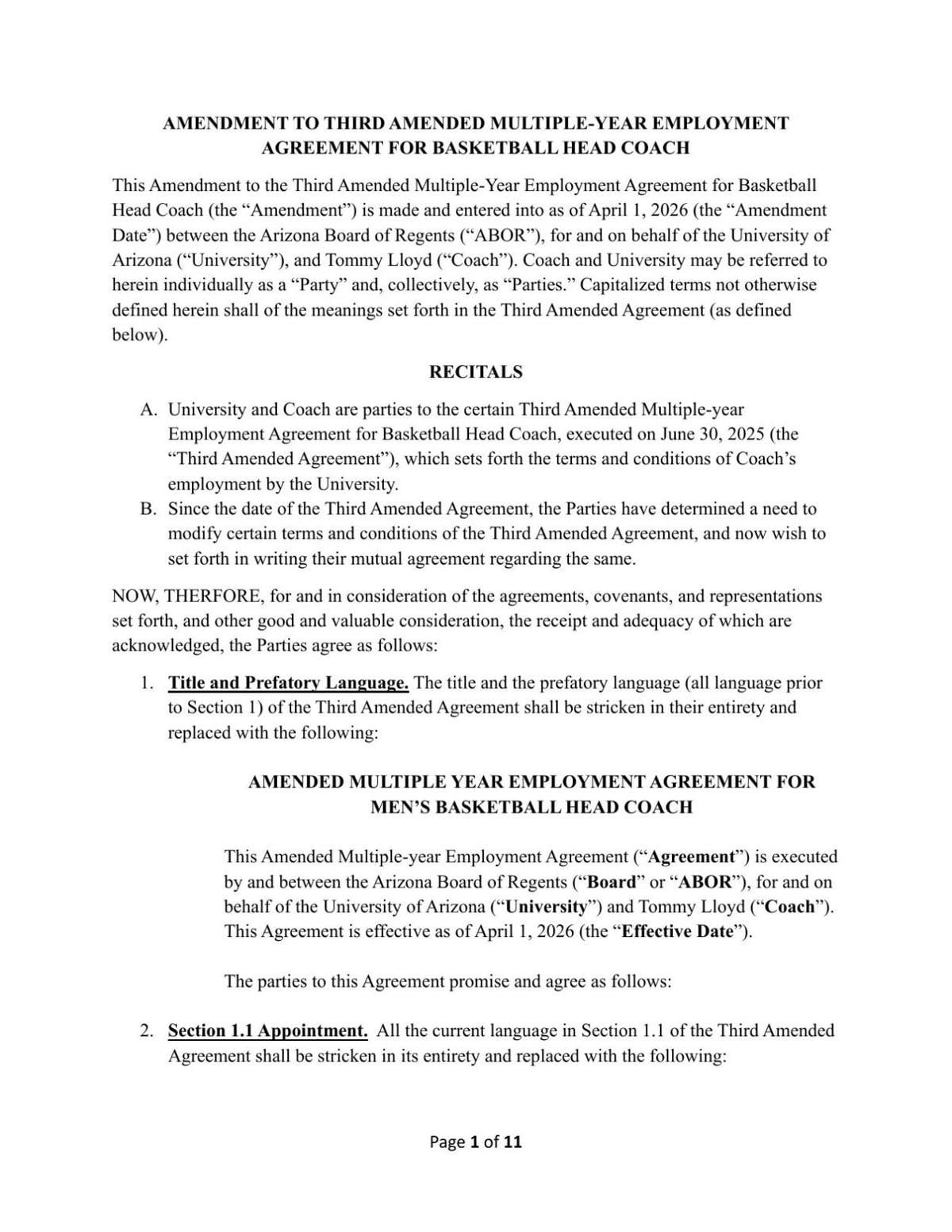 Tommy Lloyd contract April 2026