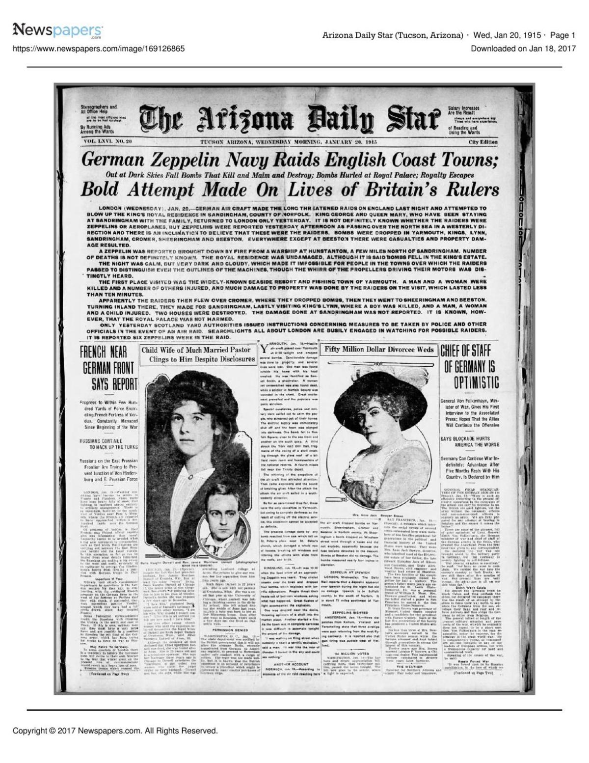 Arizona Daily Star front page Jan. 20, 1915