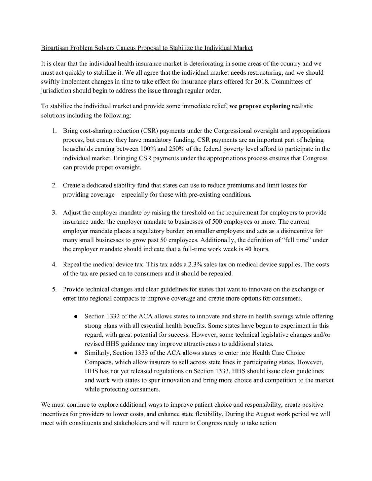 Problem Solvers Caucus plan for health market stabilzation