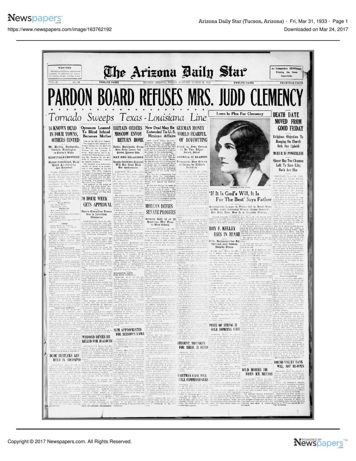 Arizona Daily Star front page March 31, 1933