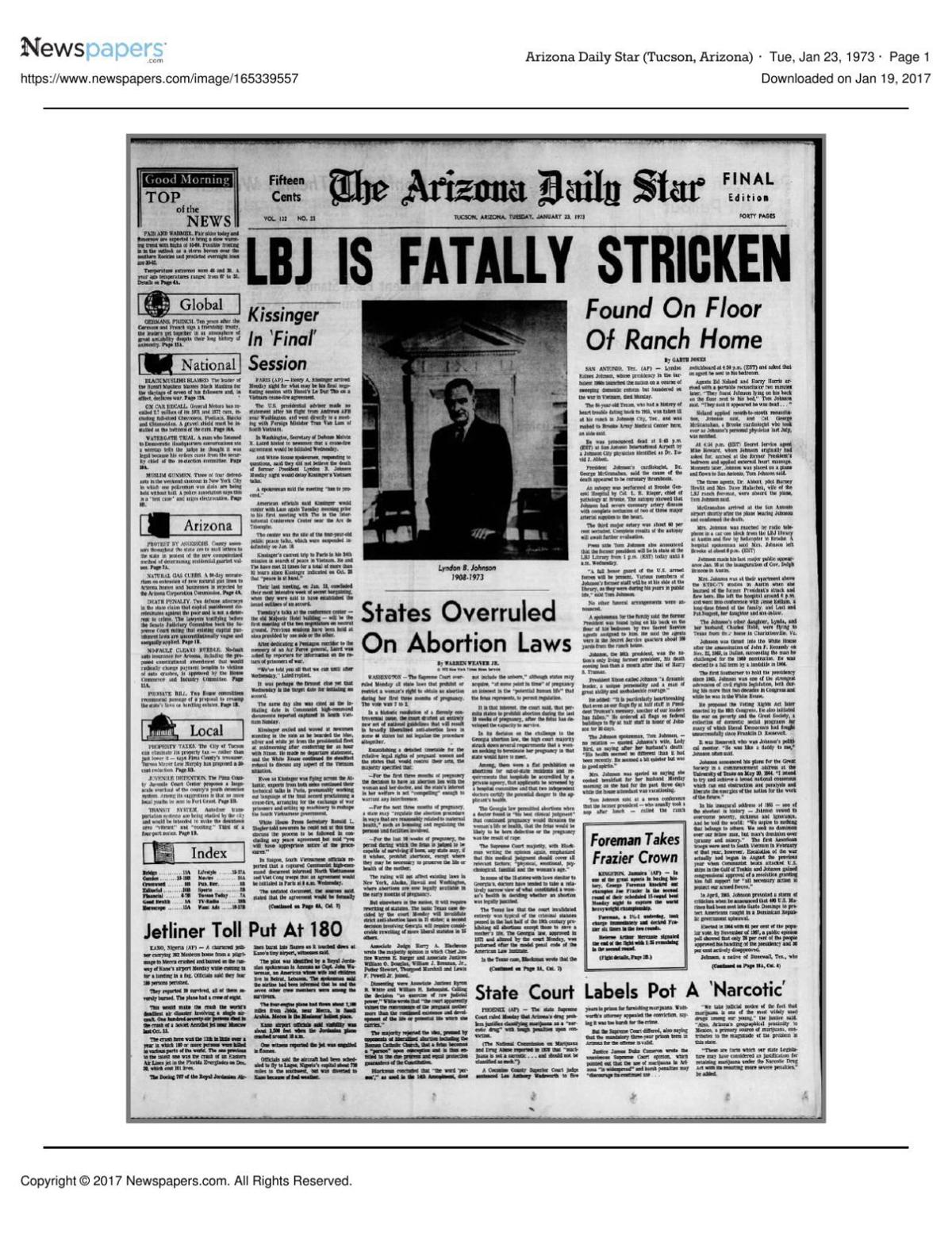 Arizona Daily Star front page Jan. 23, 1973