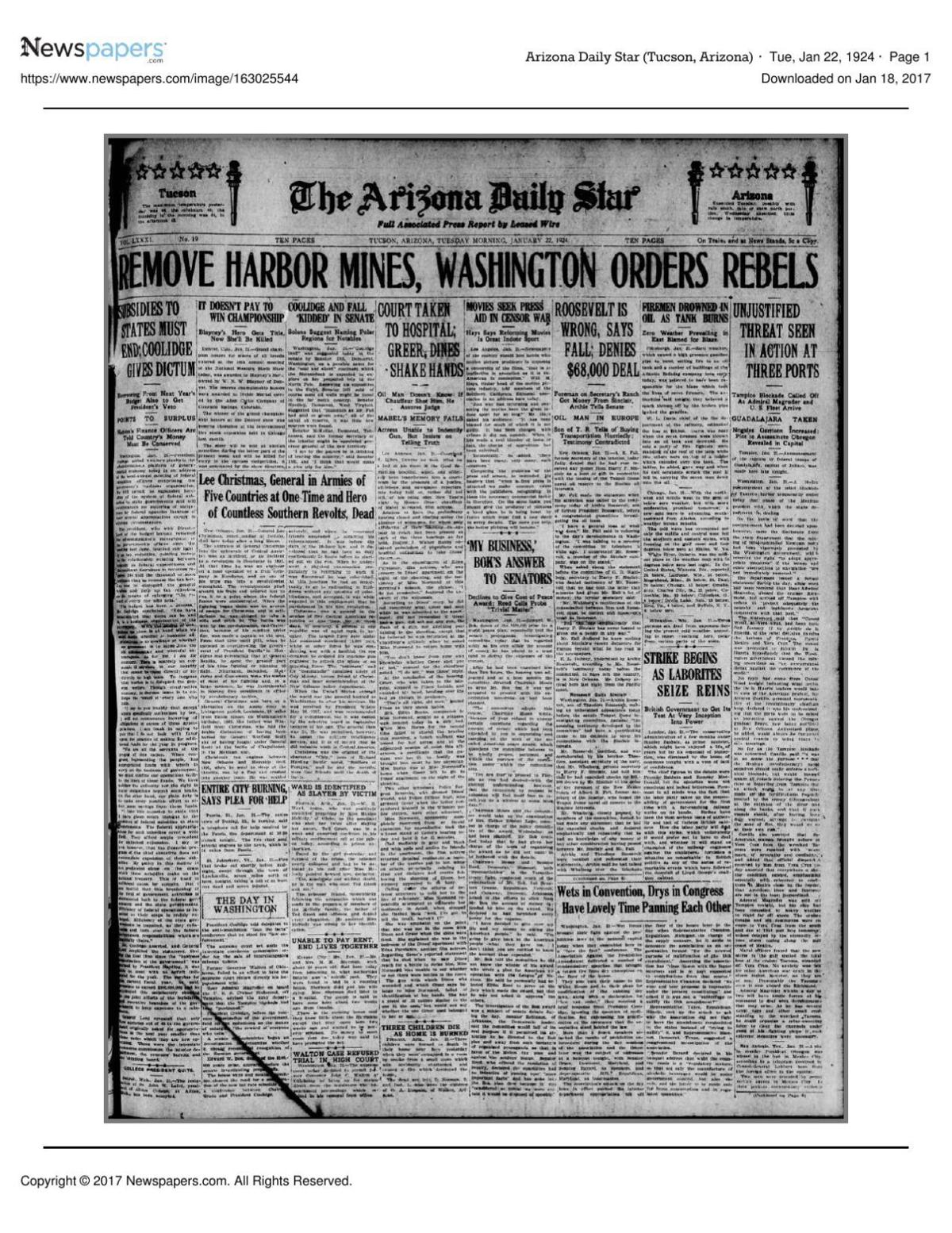 Arizona Daily Star front page Jan. 22, 1924