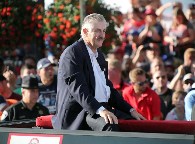 Rollie Fingers rides in the Hall of Fame Parade of Legends during Hall of Fame Weekend in Cooperstown N.Y. on Saturday, July 28, 2018.