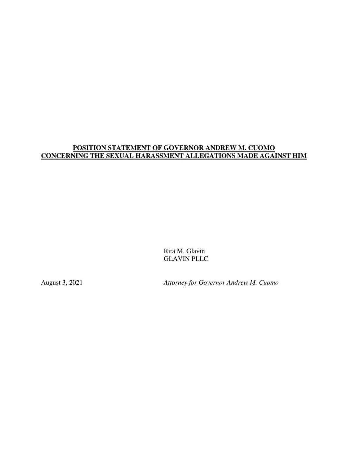 Position statement of Governor Andrew Cuomo concerning the sexual harassment allegations made against him