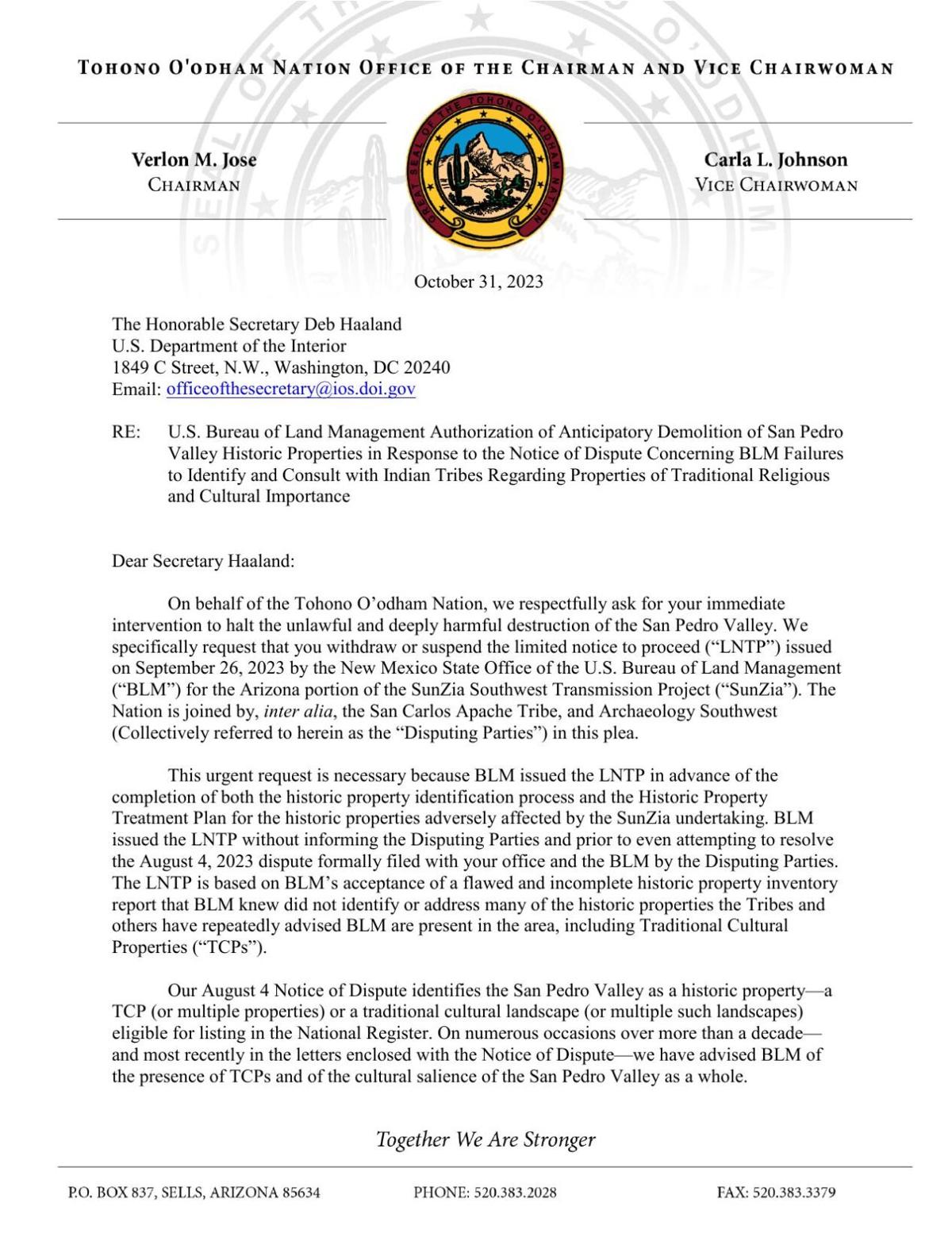 Tohono O’odham chairman's letter