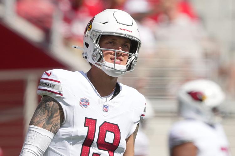 Sep 27, 2026; Santa Clara, California, USA; Arizona Cardinals quarterback Carson Beck (19) before the game against the San Francisco 49ers at Levi's Stadium. Mandatory Credit: Darren Yamashita-Imagn Images