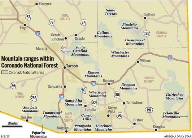 Map: Coronado National Forest mountain ranges