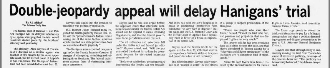 Dec. 25, 1979: Double-jeopardy appeal will delay Hanigans' trial