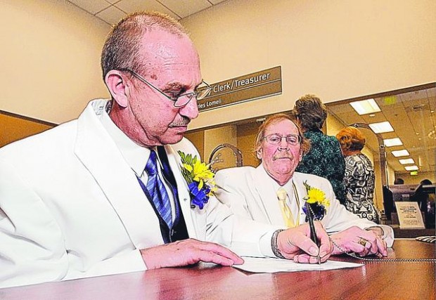 Gay marriage licenses are issued in California  