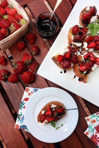 Fresh strawberries drizzled with a balsamic glaze make a great topping for bruschetta.