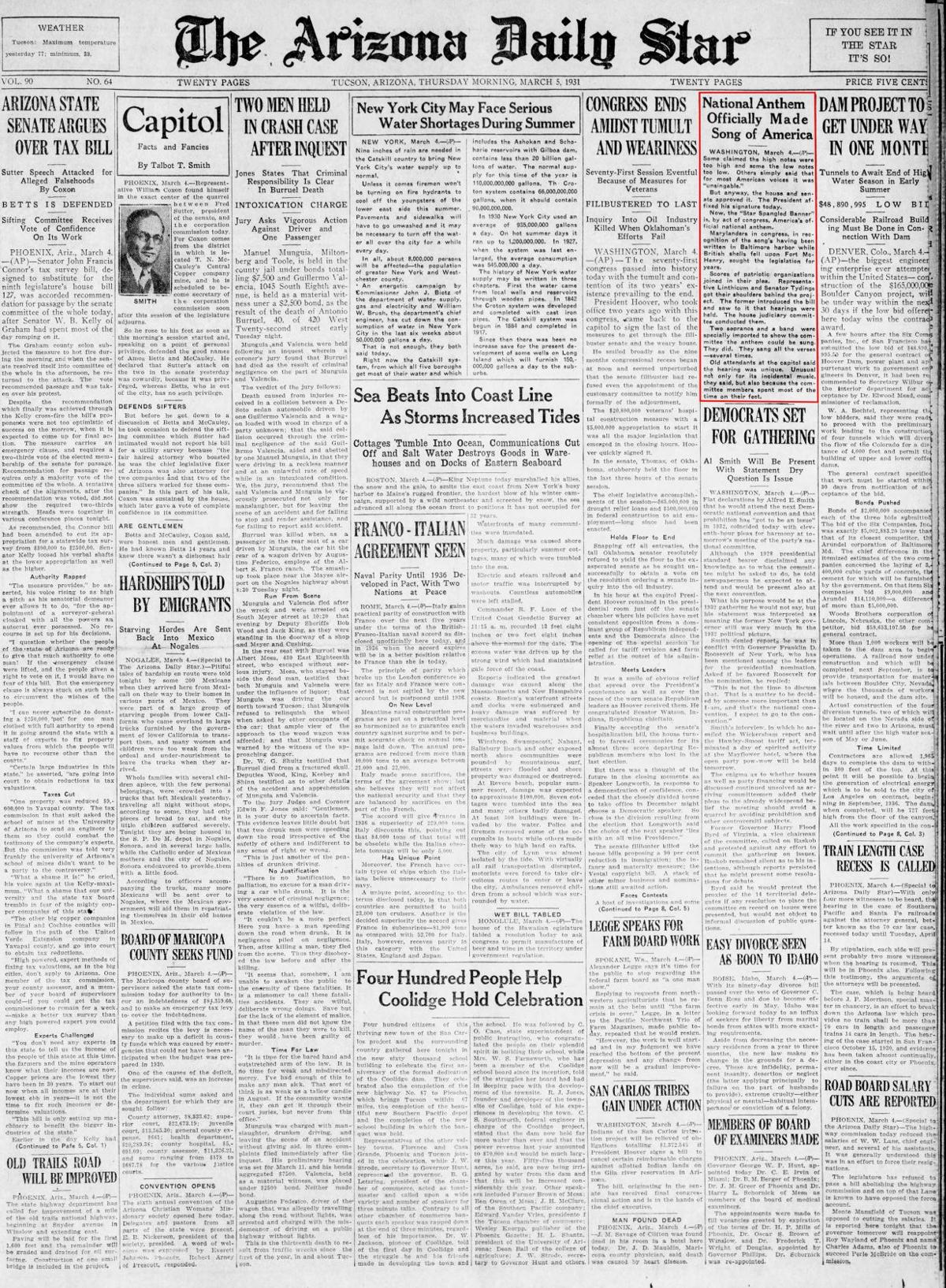 Thursday, March 5, 1931, front page: 'Star-Spangled Banner' named national anthem